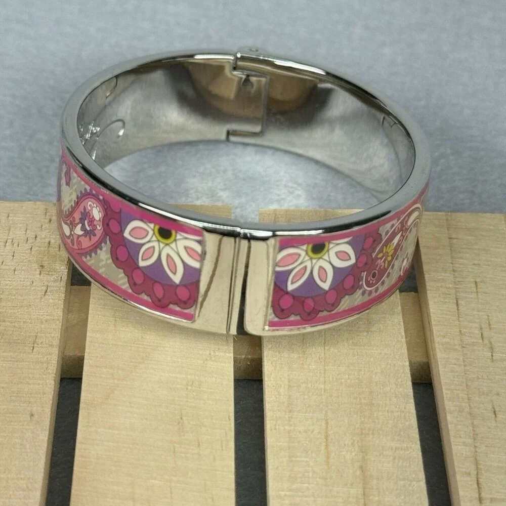 Vera Bradley Bracelet Paisley Meets Plaid Pink Silver Tone Clamper Bangle 7